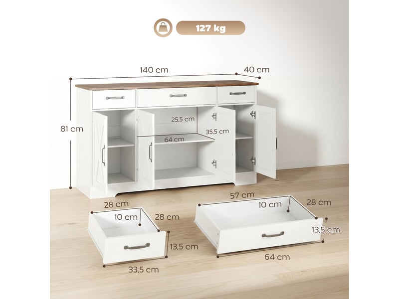  Buffet sieglinde style campagnard chic blanc &amp; noyer rangement polyvalent 140 cm  - Conforama C