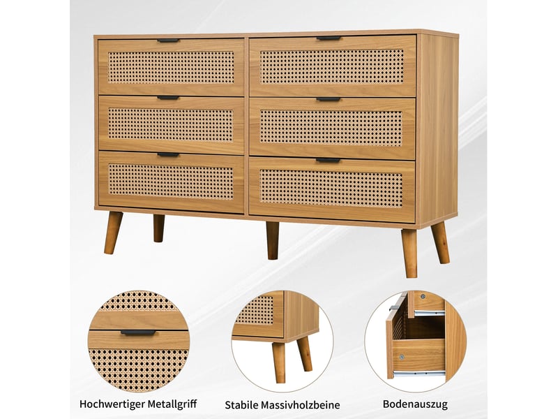  Commode 6 tiroirs – décor rotin rétro – noyer – 120 x 40 x 76,5 cm  - Conforama E