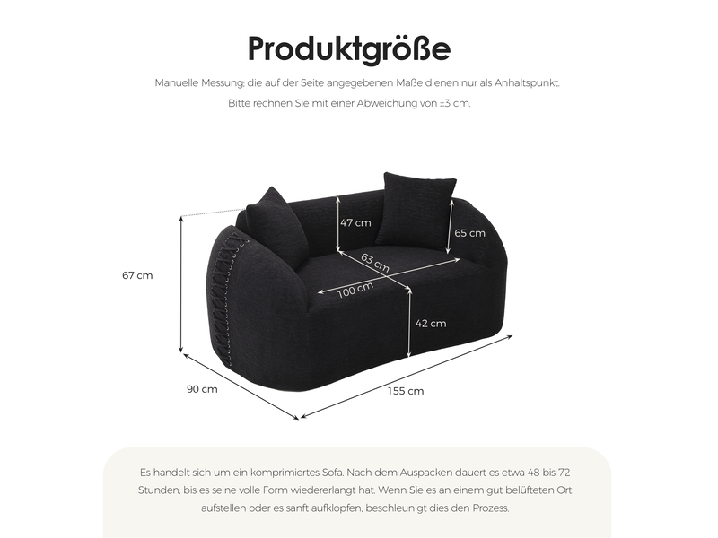  Canapé droit fixe 2 places noir en tissu texturé, 155 cm, avec coussins et lacets décoratifs aux accoudoirs  - Conforama C