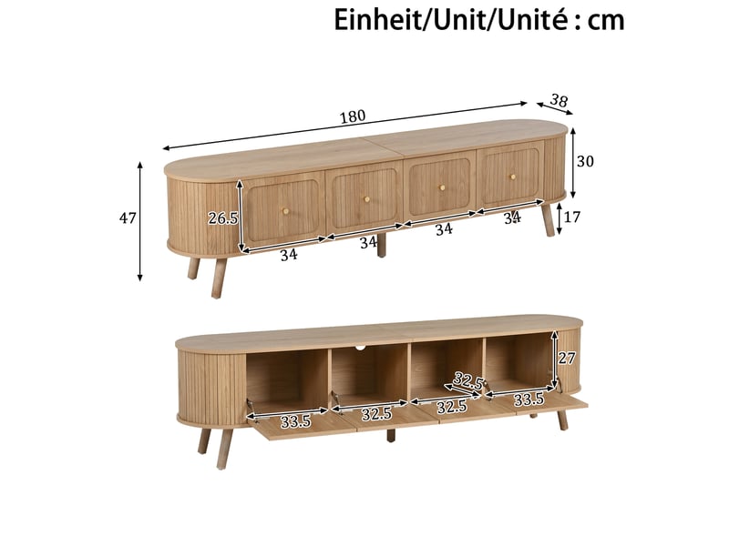  Meuble tv 180x38x47 cm, chêne, design vintage et moderne, pieds en bois, corps en aggloméré, coins arrondis, meuble de salon, 4 portes  - Conforama C