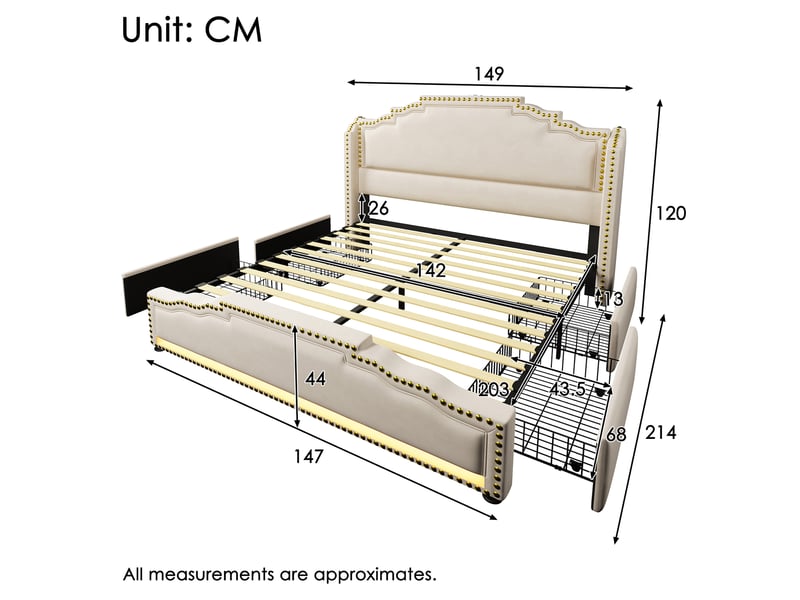  Lit coffre 140 × 200 cm 2 places avec 4 tiroirs, led réglable, usb et type-c, matelas inclus, en velours beige  - Conforama D
