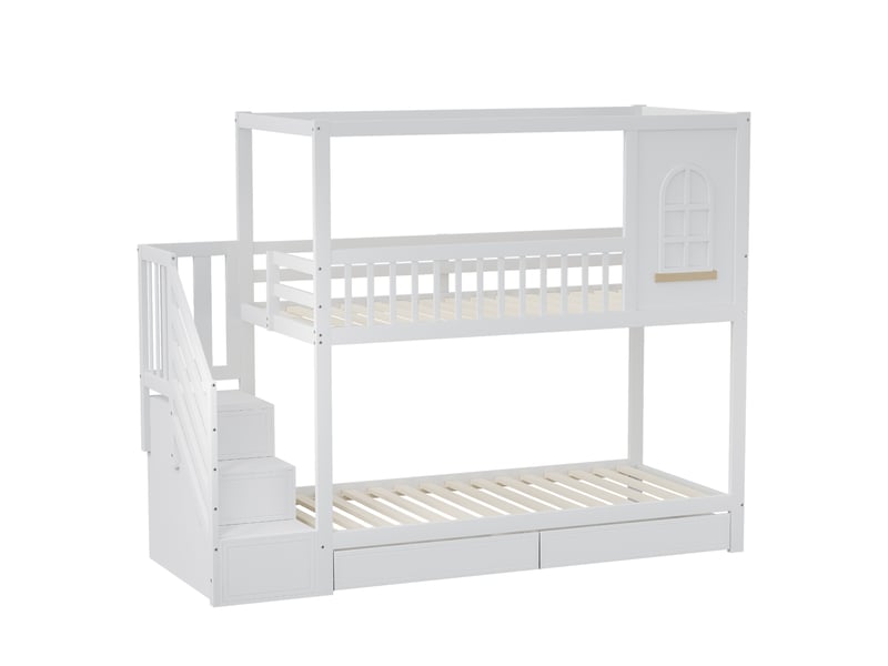  Lit superposé enfant 90x200 lit cabane en bois massif, lit superposé blanc avec tiroirs et escalier de sécurité, 252x96x192cm  - Conforama E