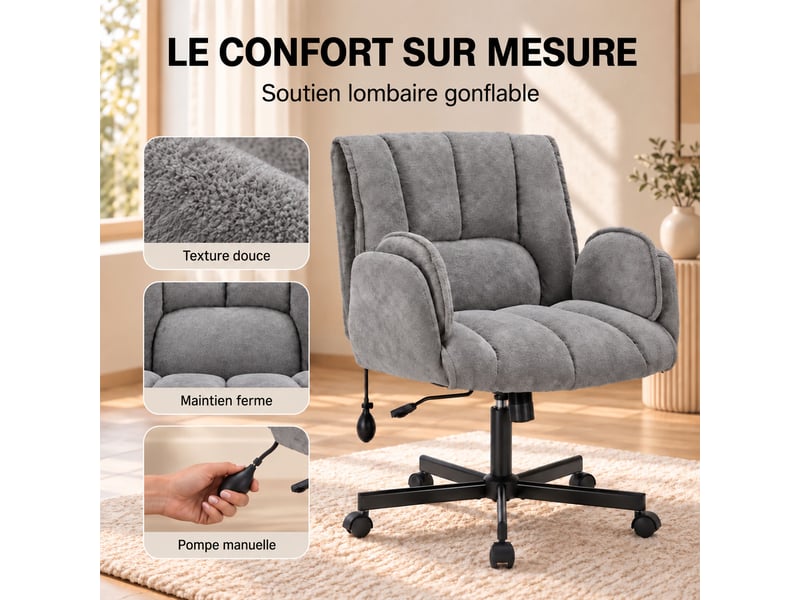 Fauteuil ergonomique tissu accoudoirs rabattables, coussin lombaire gonflable, assise large, pivot 360° 150kg-gris - Conforama E