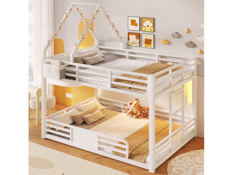  Lit superposé modenvie 140 x 200 cm avec structure toit, led multicolores, poches en tissu, métal et mdf blanc  - Conforama B