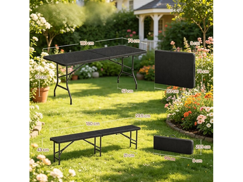  Salon de jardin pliant 180 x 74 x 70 cm noir en hdpe et métal, table et 2 bancs pour 8 à 10 personnes  - Conforama C