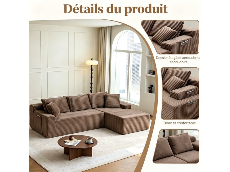  Canapé d’angle en l, canapé bas luxueux, compact mousse, droite, salonchambre, 79x239x156 cm, marron  - Conforama E