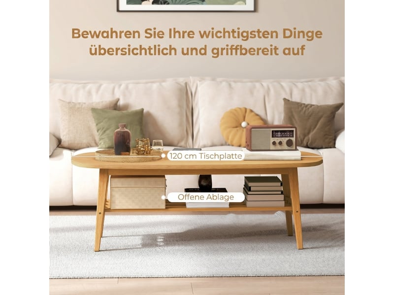  Table basse ovale,120x60x42 cm,avec étagère,mdf,effet bois naturel  - Conforama D
