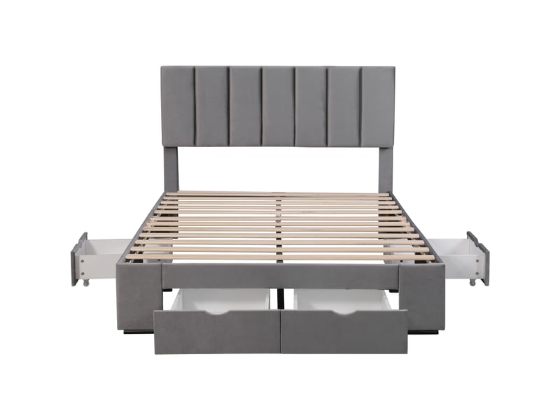  Lit double capitonné 140x200 cm velours gris - tête rembourrée et 4 tiroirs de rangement  - Conforama D