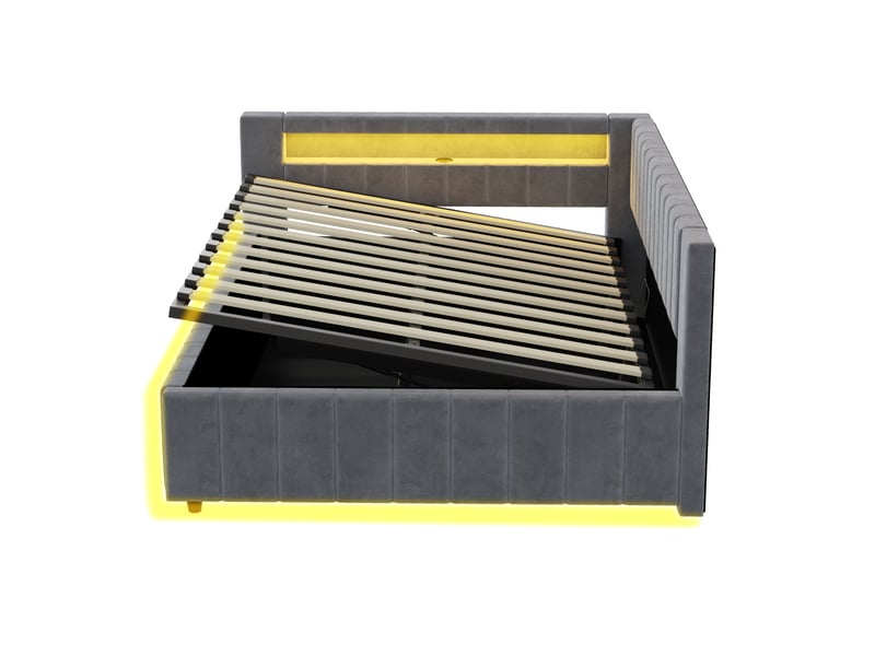 Litcanapé-lit capitonné 140x200, avec rangement hydraulique, éclairage led et port de chargement usb, dossier, tête de lit et cadre de lit robuste, revêtement en velours gris - Conforama E