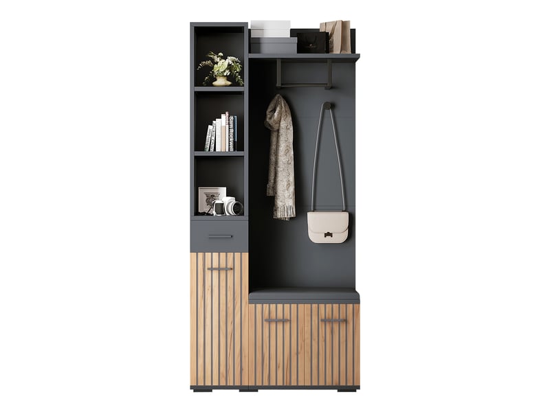 Portemanteau avec banc et rangement 80 x 175 cm en panneau de particules noir et bois - Conforama W