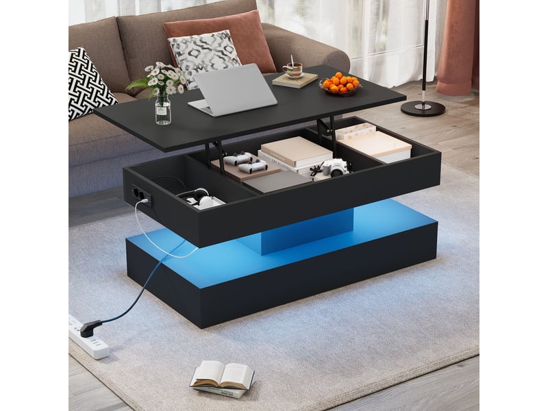 Table basse relevable noire avec éclairage led, plateau ajustable et rangement caché, 100x50x42 cm - Conforama C
