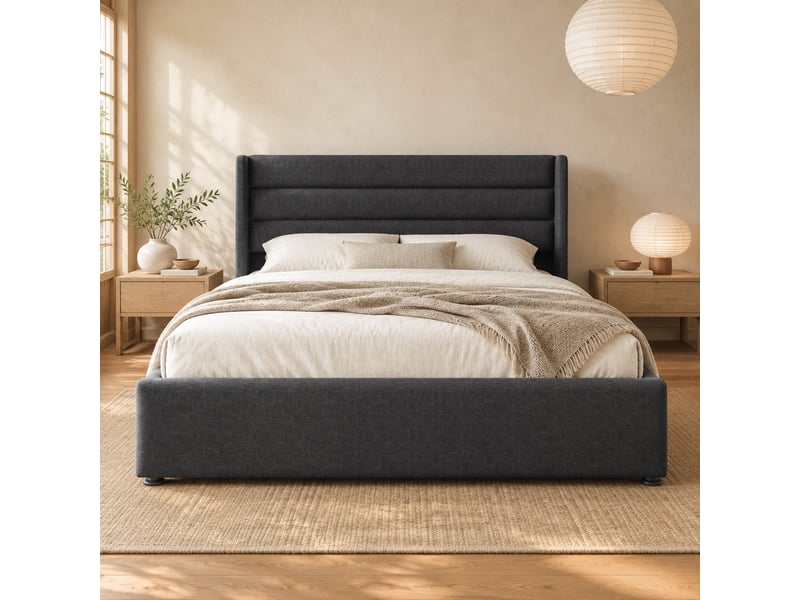  Lit coffre 180 x 200 cm gris en lin avec sommier à lattes  - Conforama B