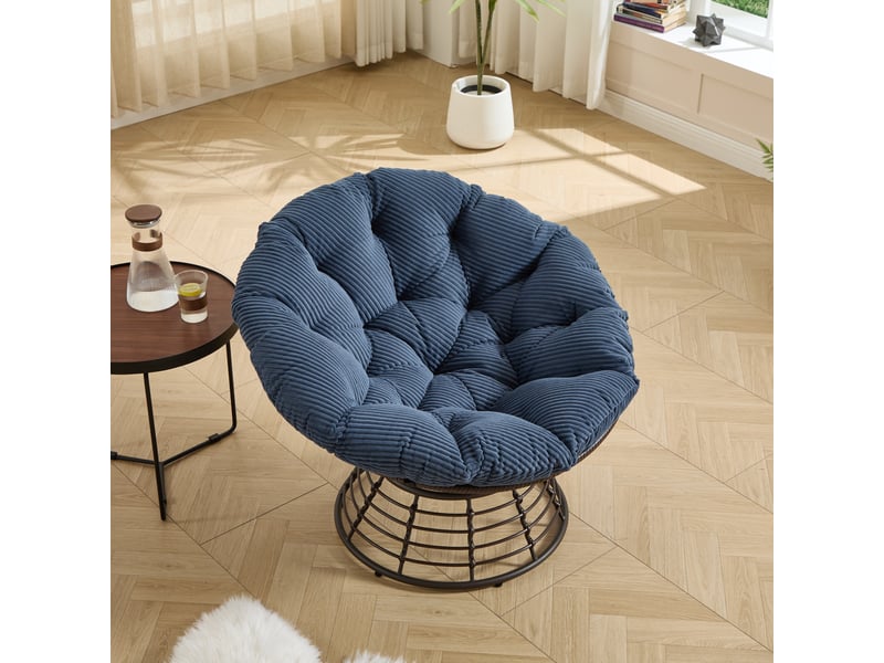  Fauteuil papasan en rotin marron pivotant 360° avec coussin bleu marine épais  - Conforama E