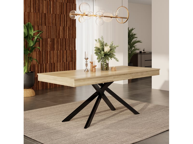 Table à manger extensible 140-180 x 80 cm, mdf, pieds métal, coloris chêne, 6-8 places - Conforama D