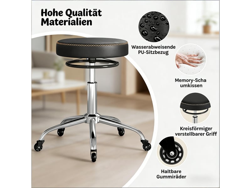  Tabouret de bureau pivotant à roulettes, hauteur réglable 46 à 58 cm - lpospi - assise rembourrée, métal et simili cuir - noir  - Conforama E