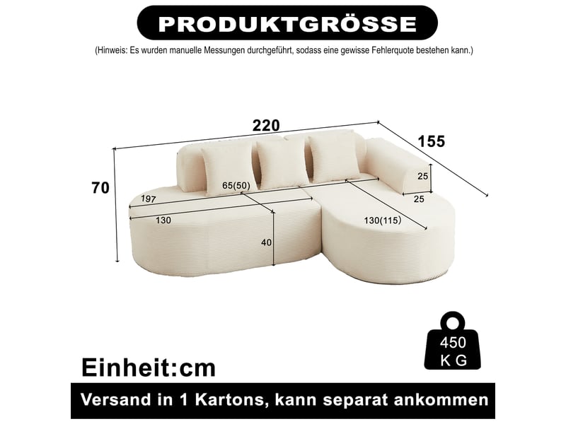  Canapé d'angle velours côtelé 220 cm beige 4 places  - Conforama C