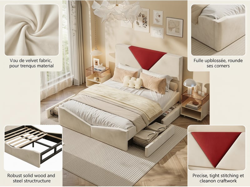  Lit coffre 140x190 cm - rangement sous lit - revêtement tissu - tête de lit bicolore rembourrée - sommier à lattes inclus  - Conforama D