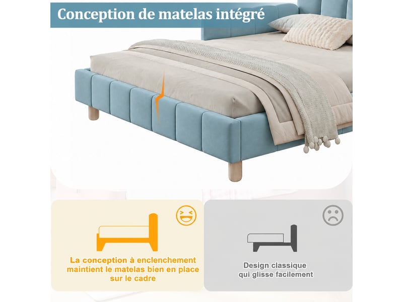 Lit enfant avec protection anti-chute 140 x 200 cm, velours bleu, tête de lit inclinée - Conforama D