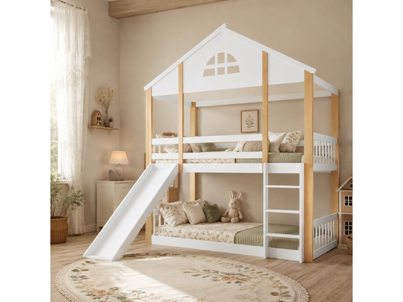  Lit mezzanine enfant 200×90 cm avec toboggan et escalier 3 marches, sans matelas, en pin et mdf blanc et naturel  - Conforama B