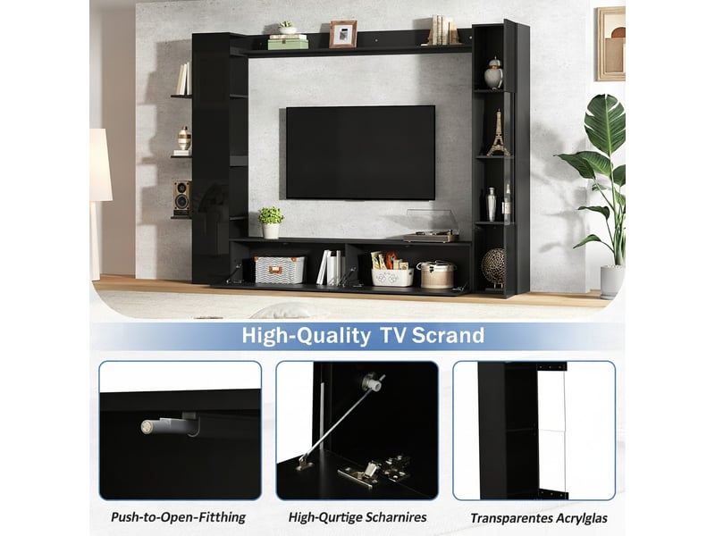  Meuble tv mural design avec vitrine réversible, ensemble de salon 4 pièces, grand espace de rangement, noir  - Conforama W