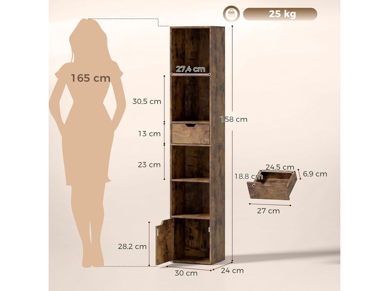  Bibliothèque à 6 niveaux, réglable sur 3 niveaux, avec tiroir, porte d'armoire, étagère personnalisable, étagère d'exposition, marron  - Conforama C