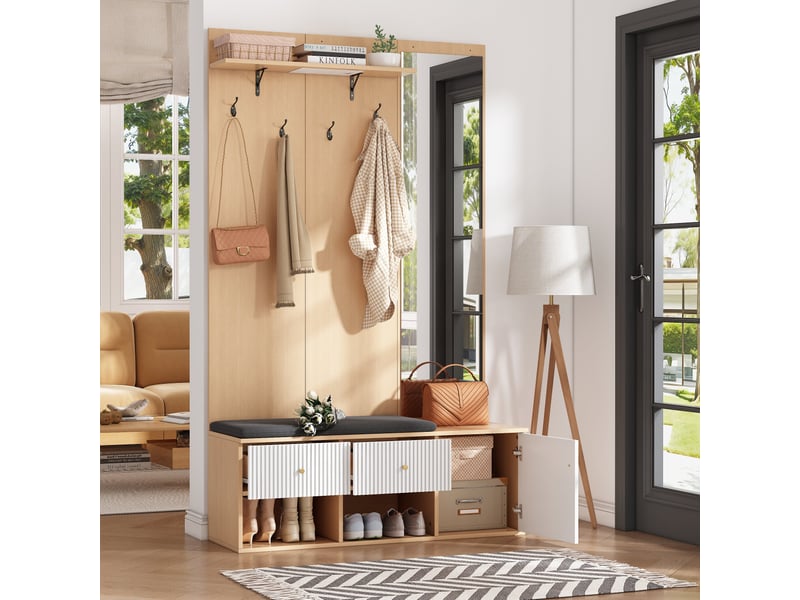  Portemanteau avec banc et rangement 120 x 200 cm en mdf blanc et chêne  - Conforama B