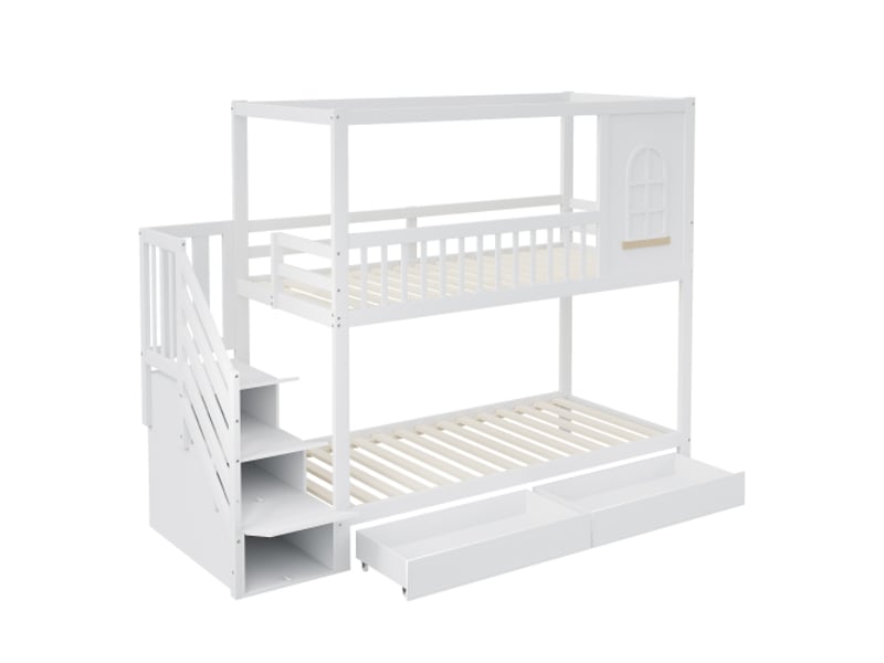  Lit superposé enfant 90x200 cm avec 2 tiroirs et sommier à lattes, escalier de rangement, blanc, sans matelas  - Conforama D