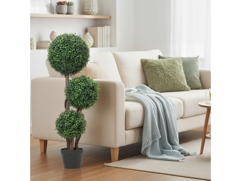  Boule de buis artificiel, plante artificielle en trois sphères, plante artificielle avec tronc en bois en pot, 30 x 30 x 100 cm, verte  - Conforama D