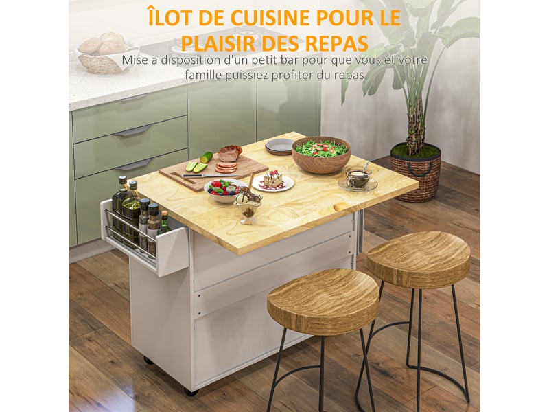  Desserte îlot de cuisineplateau rabattable 3 tiroirs 1 placard porte-torchons et porte-épices blanc 111,5 x 75 x 89 cm  - Conforama A