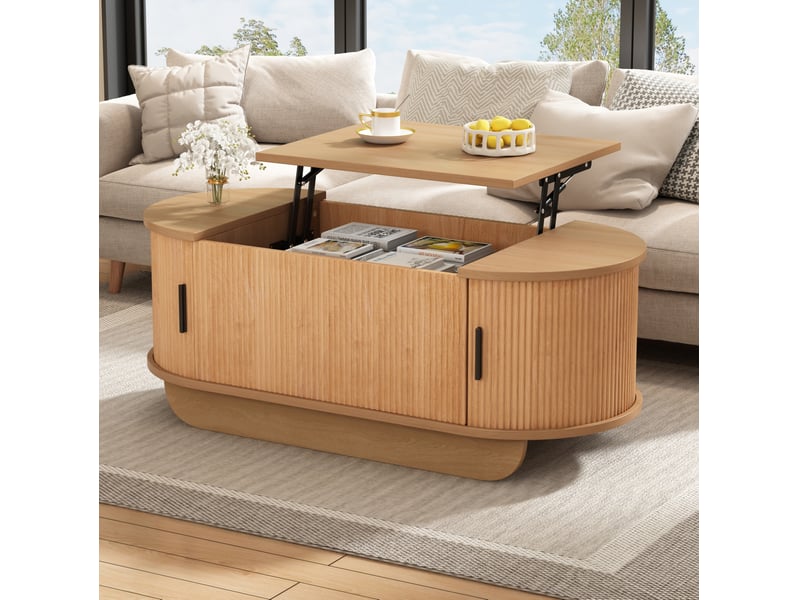  Table basse ovale avec plateau relevable et rangement à rideaux latéraux, mdf coloris bois, 110 x 50 x 42 cm  - Conforama B