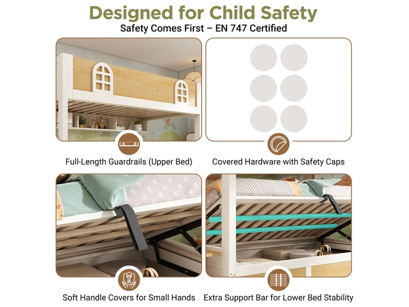  Lit superposé enfant 2x90x200 cm – blanc et naturel – escalier-rangement, coffre hydraulique sans matelas  - Conforama E