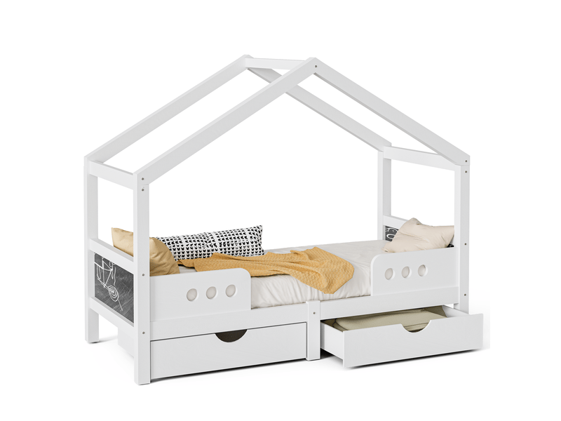  Lit cabane enfant 90x200 cm, sommier, bois coloris blanc, tableau noir, 2 tiroirs, toit design, sans matelas  - Conforama A
