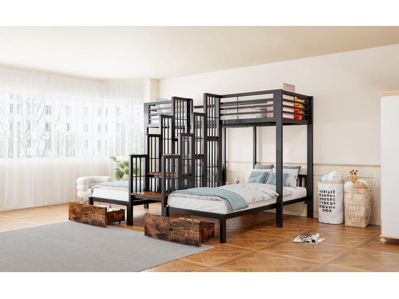  Lit superposé triple 90 × 200 cm, escalier central, 2 tiroirs et garde-corps, structure en métal et panneaux, noir  - Conforama B