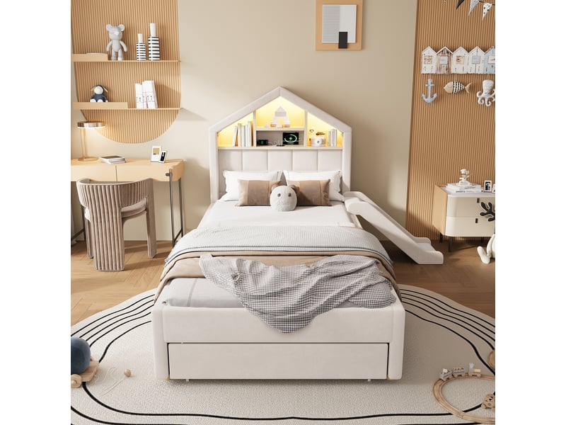  Lit cabane 90x200 cm beige - lit enfant en velours avec toboggan, tête de lit bibliothèque, led, prises et grand tiroir de rangement  - Conforama D