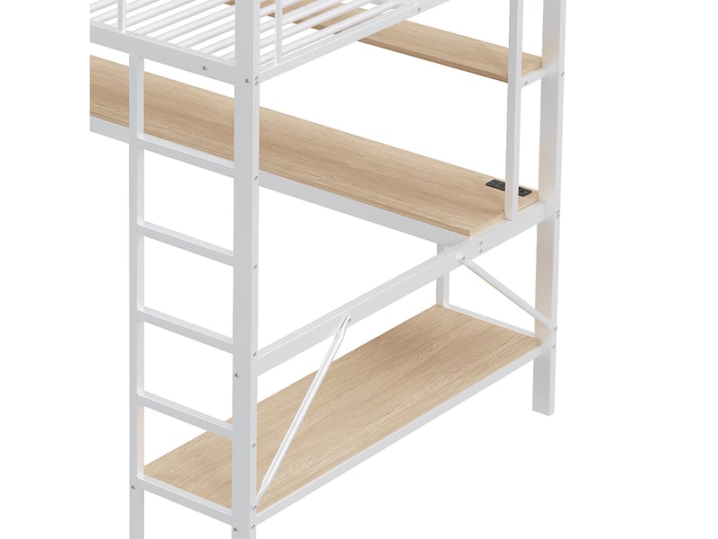  Lit enfant 140x200cm, lit mezzanine avec bureau, led, garde-corps, échelle, port usb, étagère, métal, blanc, sans matelas  - Conforama R
