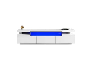 Meuble tv rangement 160 cm blanc laqué 3 tiroirs led 70 pouces salon moderne homvra