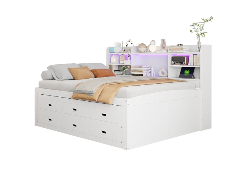  Lit enfant 140x200 cm, avec 3 tiroirs et led télécommandée, en bois, blanc, sans matelas  - Conforama A
