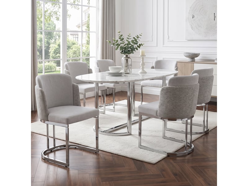  Chaises de salle à manger lot de 6 double dossier ergonomique  - pieds métal chromé, chenille - gris argent  - Conforama C