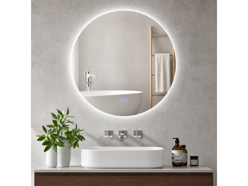 Miroir rond lumineux led de salle de bain ø 70 cm mural avec éclairage interrupteur tactile système antibuée 35 w gris - Conforama C