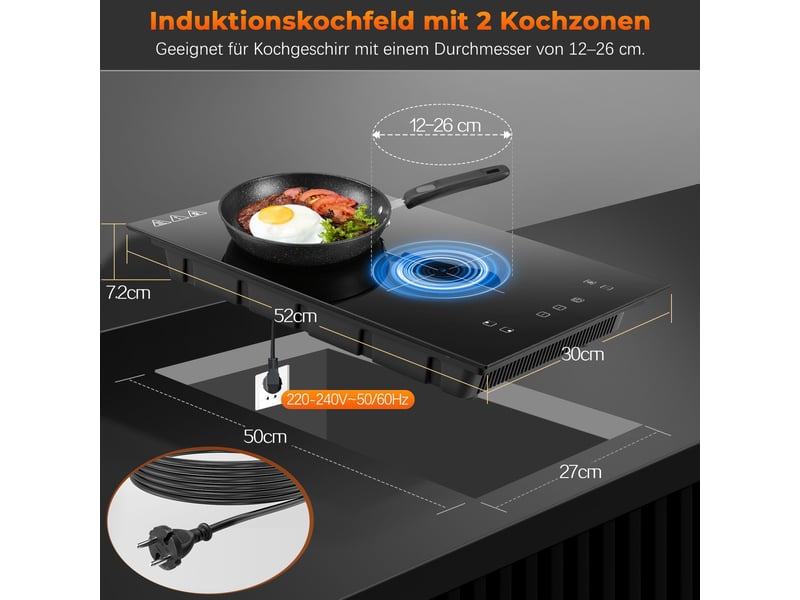  Plaque à induction 2 foyers 3300 w, plaque induction encastrable 30 cm, tactile, verre noir, 9 niveaux et minuterie  - Conforama C