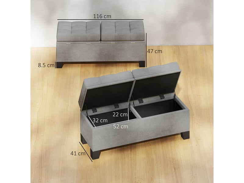  Banc de rangement en tissu avec rembourrage matelassé, 116 x 41 x 47 cm, gris  - Conforama E