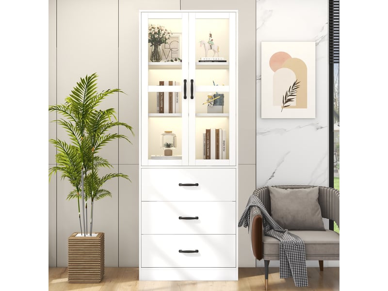  Vitrine haute de rangement 60 x 40 x 200 cm avec 2 portes vitrées, 3 tiroirs, 2 étagères réglables, éclairage led, poignées noires, mdf, blanc  - Conforama B