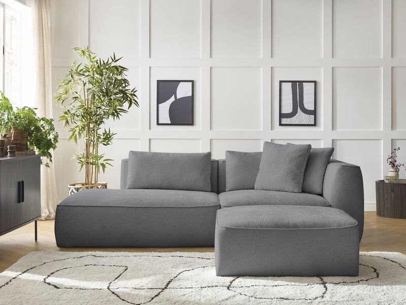  Bobochic canapé droit fixe 3 places leopold tissu texturé avec pouf gris foncé  accoudoir droit LEOPOLD - Conforama D