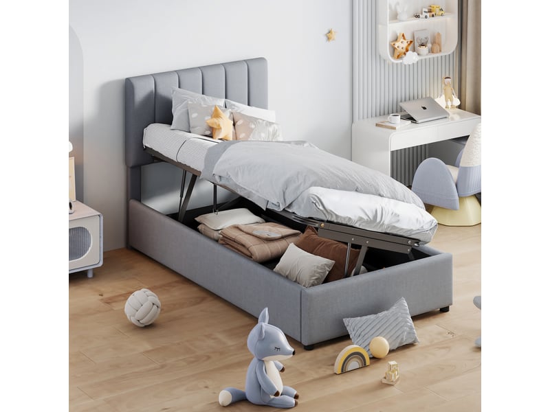 Lit enfant 90x200 cm avec coffre de rangement hydraulique, lit capitonné en lin, tête de lit rayée, sommier à lattes - gris (sans matelas) - Conforama B