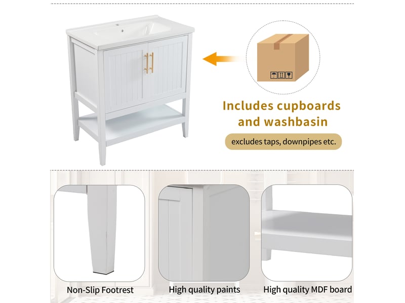 Meuble sous vasque blanc avec lavabo en céramique, 2 portes, niche ouverte et patins antidérapants pour salle de bain en mdf 80 cm - Conforama E