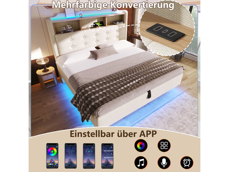  Lit capitonné 140 × 200 cm, beige, sans matelas, led, coffre hydraulique, usb type-c, lin  - Conforama C