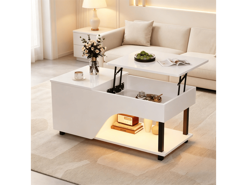  Table basse relevable blanche 100x50 cm avec rangement caché, plateau réglable et éclairage led brillant  - Conforama D