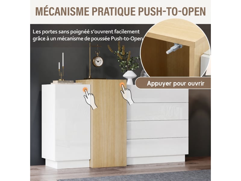  Buffet blanc laqué brillant 2 portes 4 tiroirs meuble de rangement moderne 140 cm  - Conforama E