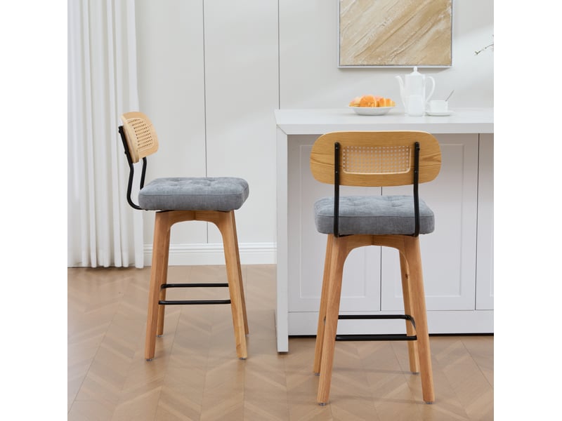 Tabouret de bar lot de 2 pivotant à 360° avec dossier en rotin, assise rembourrée et repose-pieds en chenille gris - Conforama D