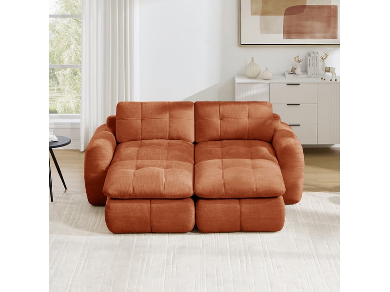  Canapé modulable 2 places 194x160x68 cm en chenille orange avec 2 poufs  - Conforama D